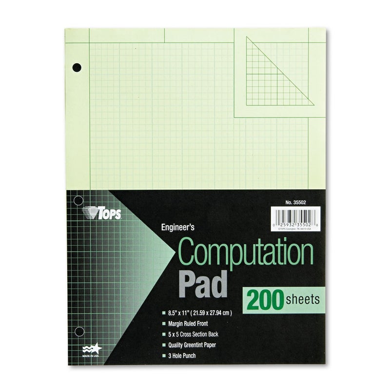 TOPS Engineering Computation Pad, 8-1/2" x 11", Glue Top, 5 x 5 Graph Rule on Back, Green Tint Paper, 3-Hole Punched, 200 Sheets (35502) - Image 1